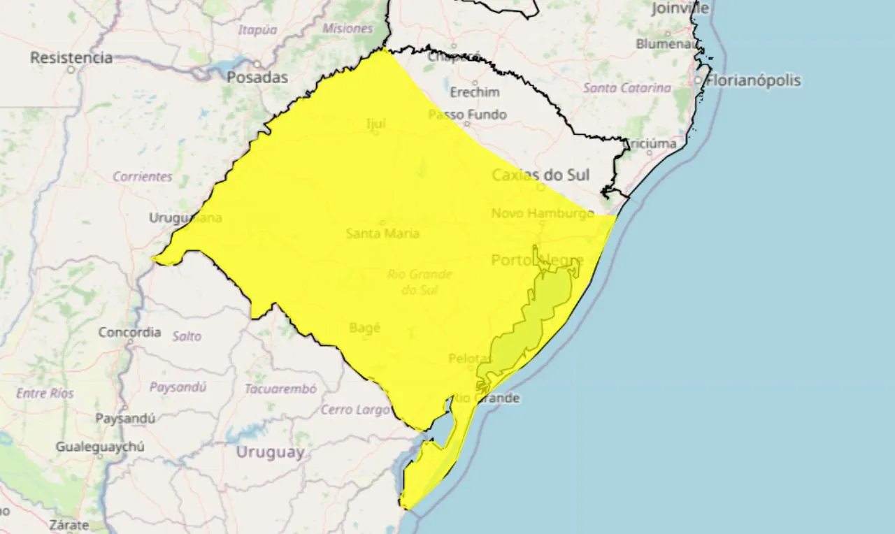 A imagem mostra as áreas em alerta para chuva intensa, ventania e raios no sul